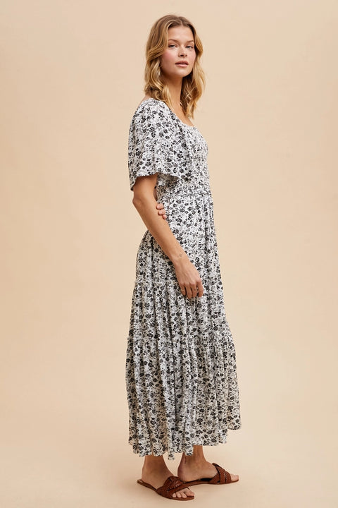 Smocked Floral Square Neck Maxi Dress OFF WHITE-Dress-In Loom-S-OFF WHITE-Urbanheer