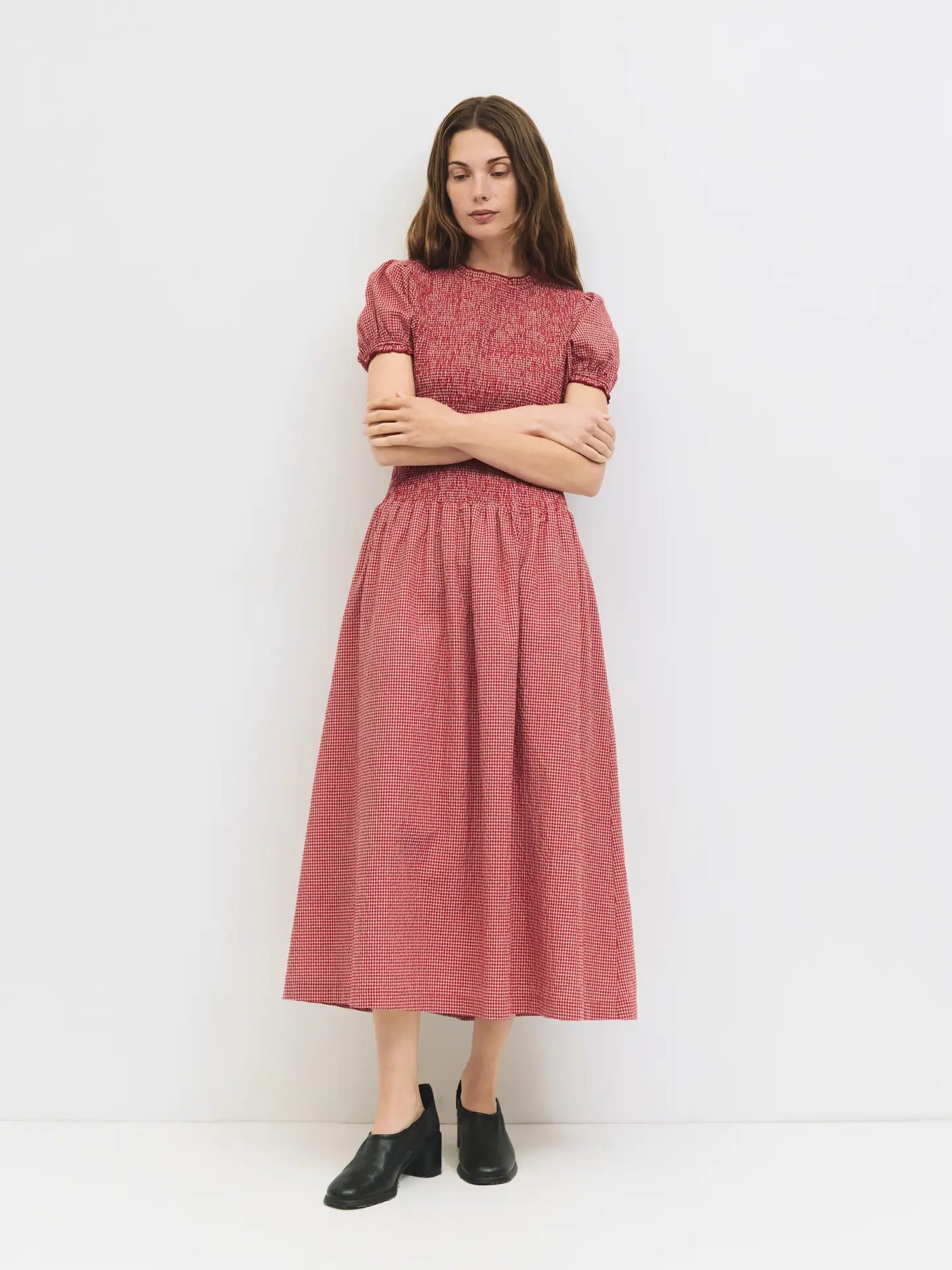 Smocked Gingham Midi Dress