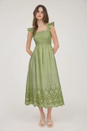 Smocked Ruffle Sleeve Eyelet Hem Midi Dress LIGHT KIWI-Dress-Blu Pepper-S-LIGHT KIWI-Urbanheer