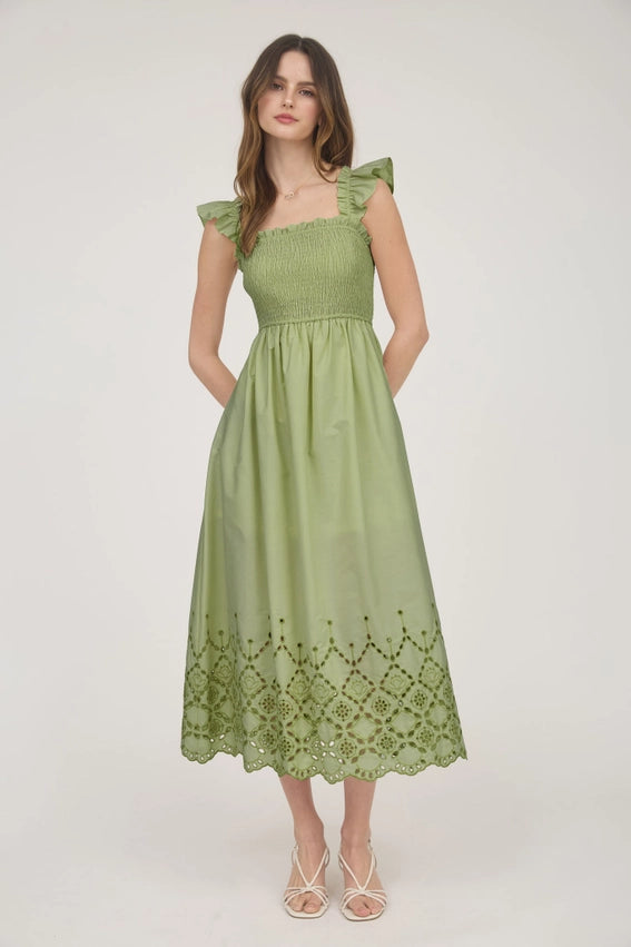 Smocked Ruffle Sleeve Eyelet Hem Midi Dress LIGHT KIWI-Dress-Blu Pepper-S-LIGHT KIWI-Urbanheer