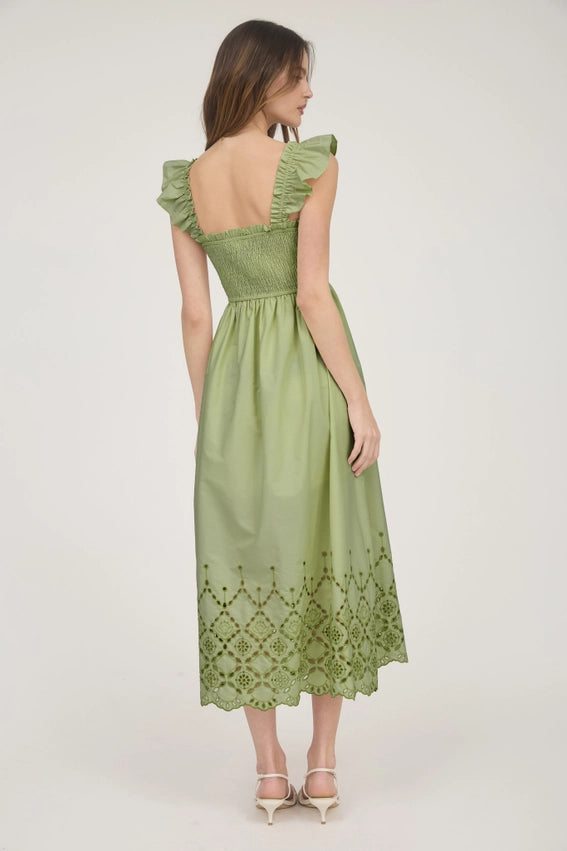 Smocked Ruffle Sleeve Eyelet Hem Midi Dress LIGHT KIWI-Dress-Blu Pepper-S-LIGHT KIWI-Urbanheer