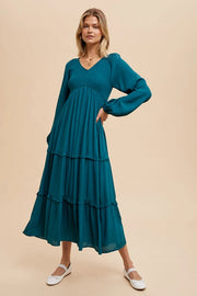 Smocked Ruffle Tiered Maxi Dress EMERALD-Dress-In Loom-S-Urbanheer