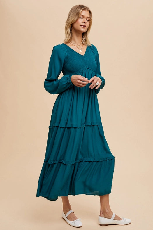 Smocked Ruffle Tiered Maxi Dress EMERALD-Dress-In Loom-S-Urbanheer