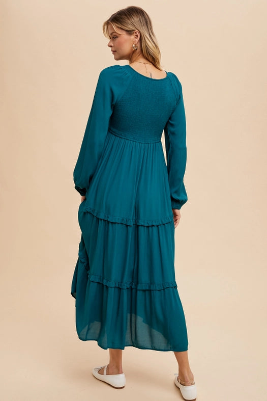 Smocked Ruffle Tiered Maxi Dress EMERALD-Dress-In Loom-S-Urbanheer