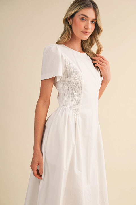 Smocked Side Midi Dress - Off-white