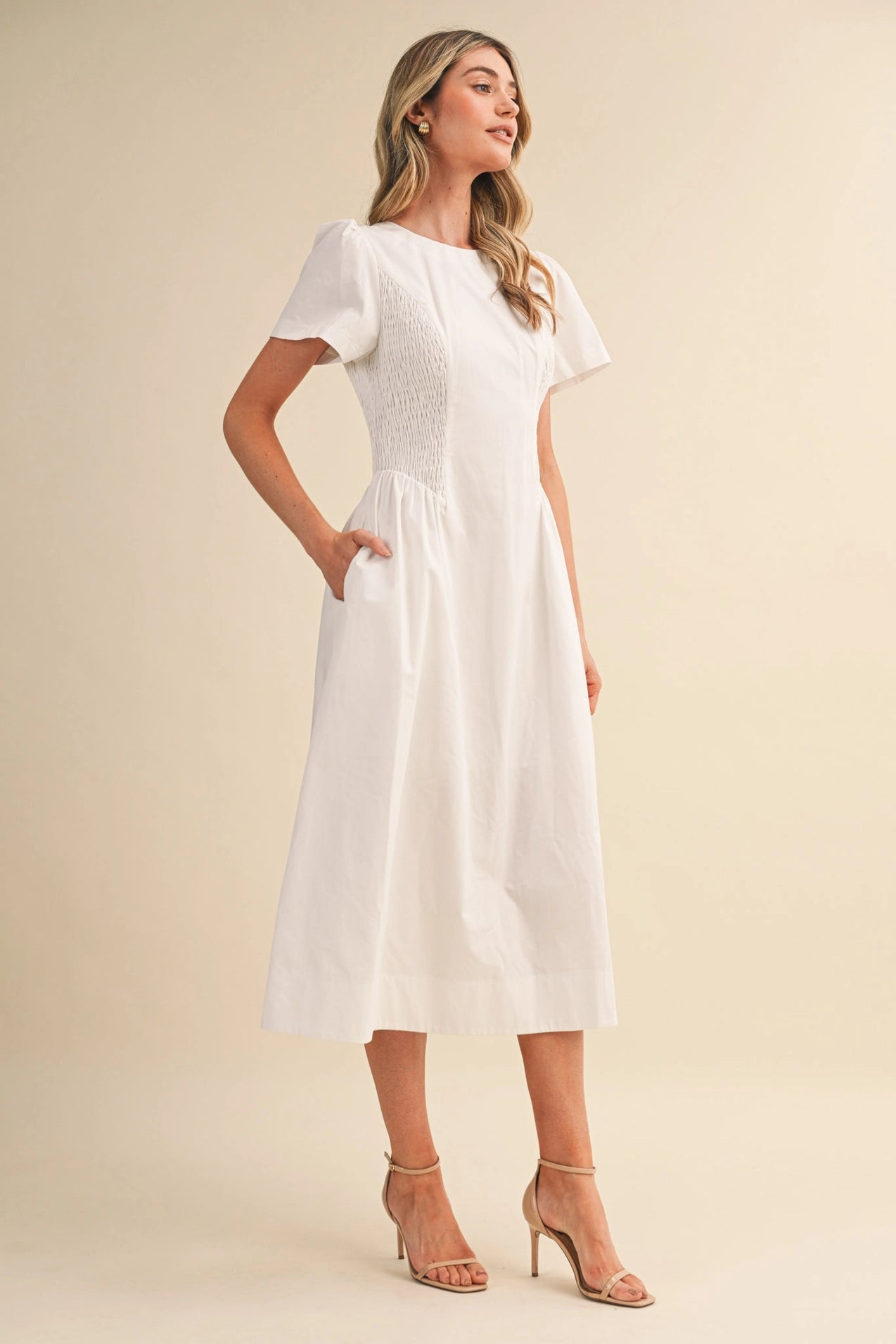 Smocked Side Midi Dress - Off-white