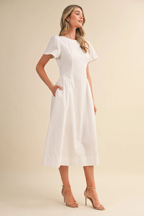 Smocked Side Midi Dress - Off-white