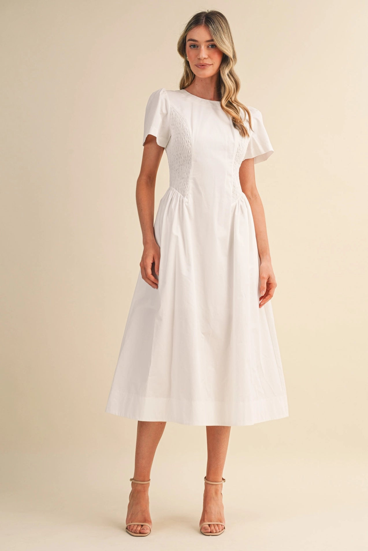 Smocked Side Midi Dress - Off-white
