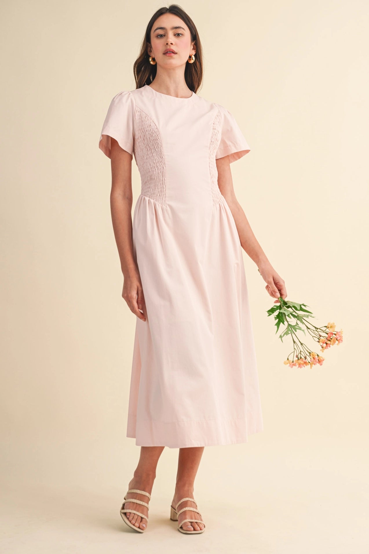 Smocked Side Midi Dress - Pale Pink