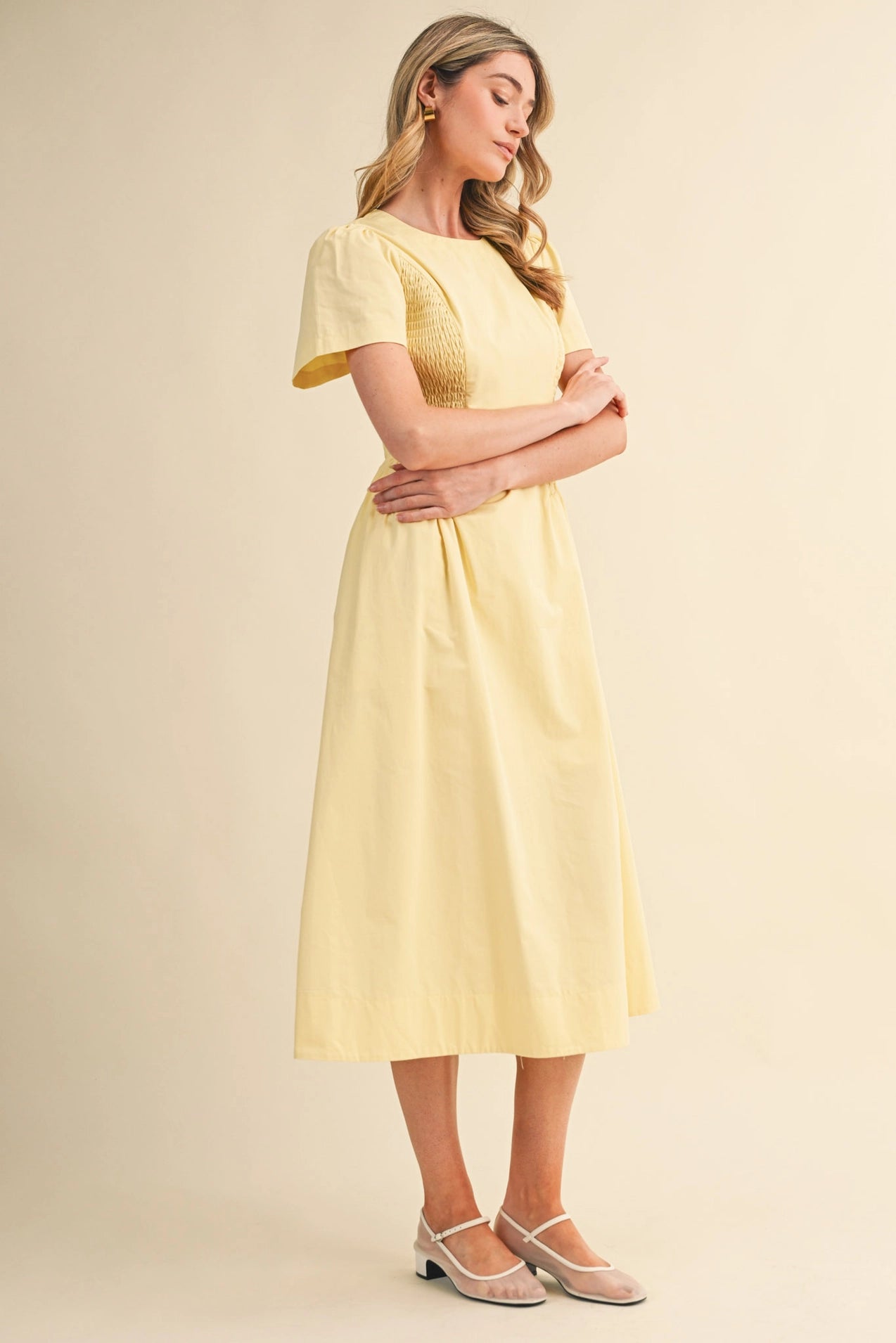 Smocked Side Midi Dress - Pale Pink
