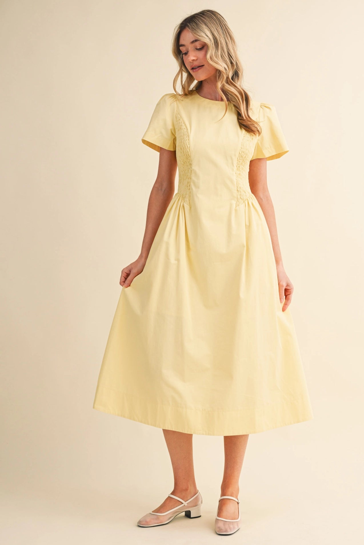 Smocked Side Midi Dress - Pale Pink