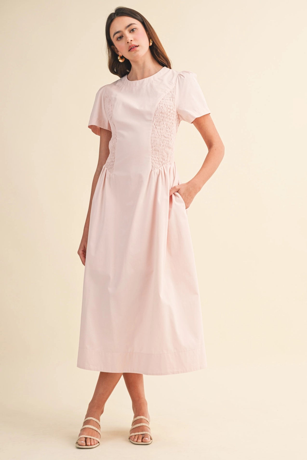 Smocked Side Midi Dress - Pale Pink