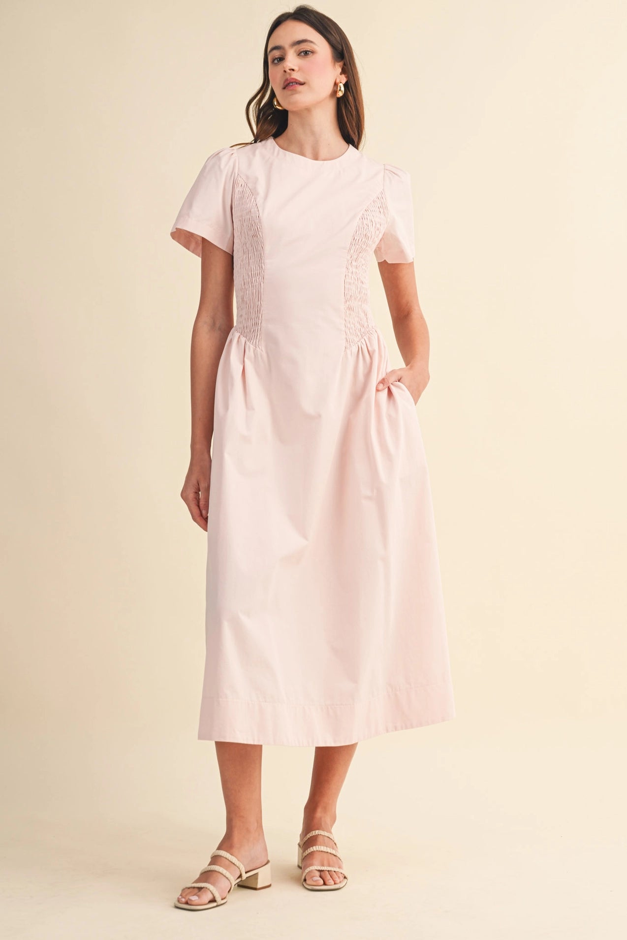 Smocked Side Midi Dress - Pale Pink