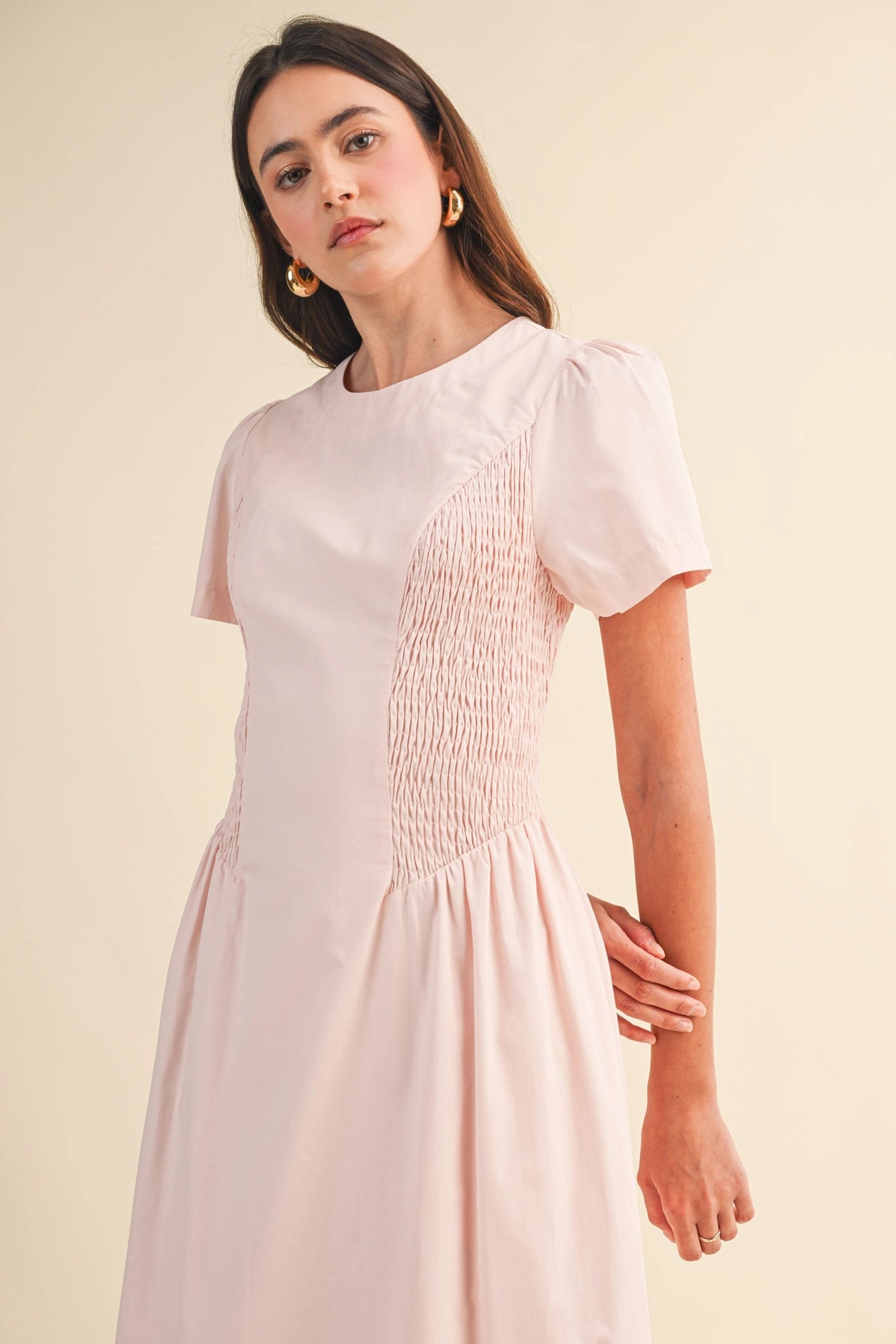 Smocked Side Midi Dress - Pale Pink