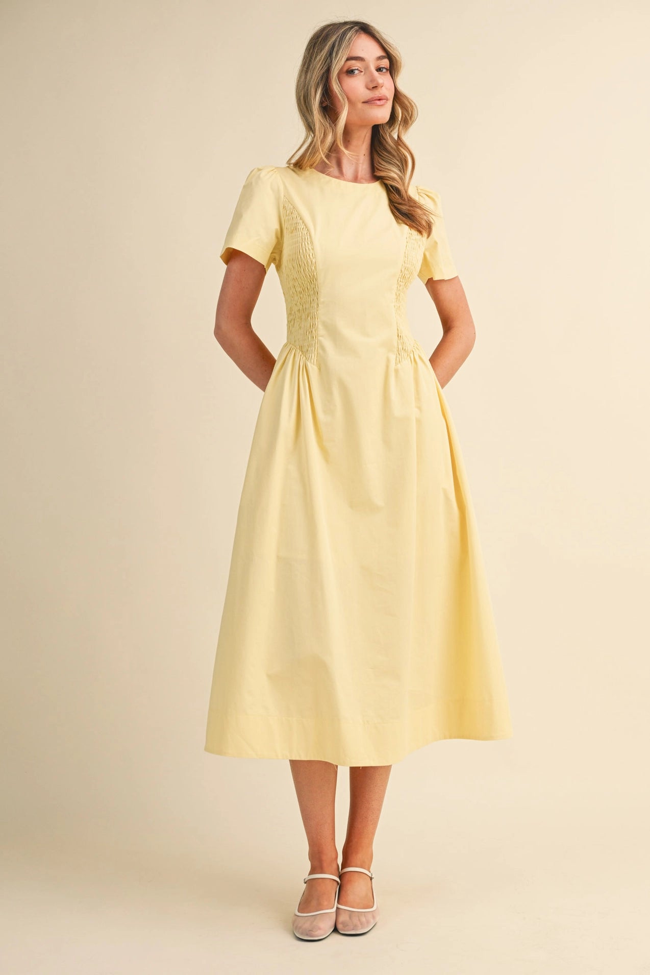 Smocked Side Midi Dress - Pale Pink