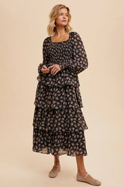Smocked Tiered Floral Maxi Dress-Dress-In Loom-S-BLACK-Urbanheer