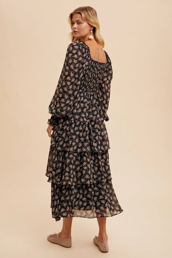 Smocked Tiered Floral Maxi Dress-Dress-In Loom-S-BLACK-Urbanheer