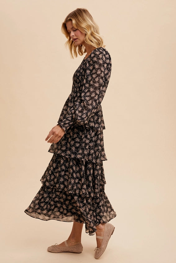 Smocked Tiered Floral Maxi Dress-Dress-In Loom-S-BLACK-Urbanheer