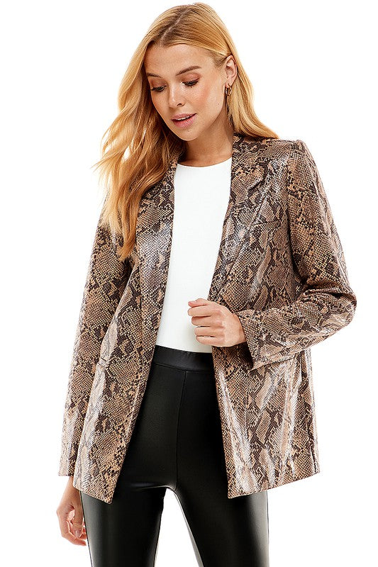 Snake Skin Print Front Open Blazer-Blazer-TCEC-S-BROWN-Urbanheer
