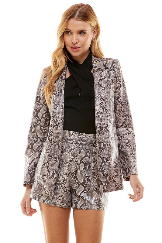 Snake Skin Print Front Open Blazer-Blazer-TCEC-S-GREY-Urbanheer