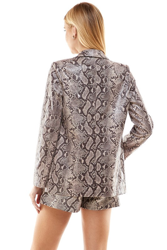 Snake Skin Print Front Open Blazer-Blazer-TCEC-S-BROWN-Urbanheer