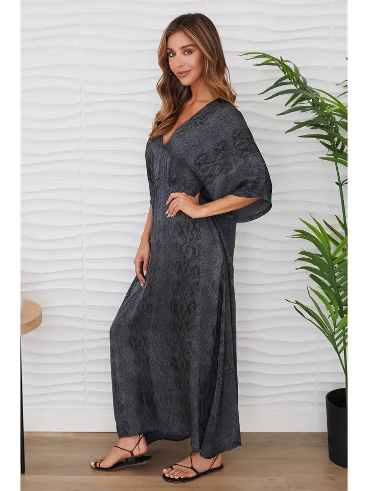 Snake V-Neck Dolman Maxi Dress Gray-Dress-MILIO MILANO-XS-Gray-Urbanheer