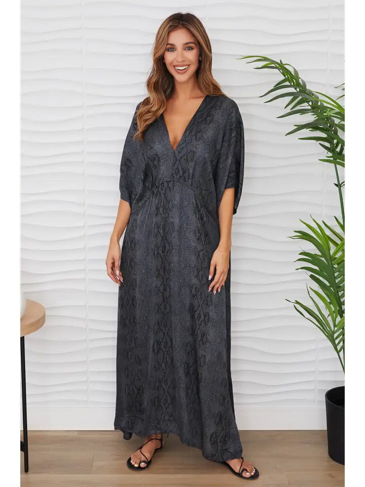 Snake V-Neck Dolman Maxi Dress Gray-Dress-MILIO MILANO-XS-Gray-Urbanheer