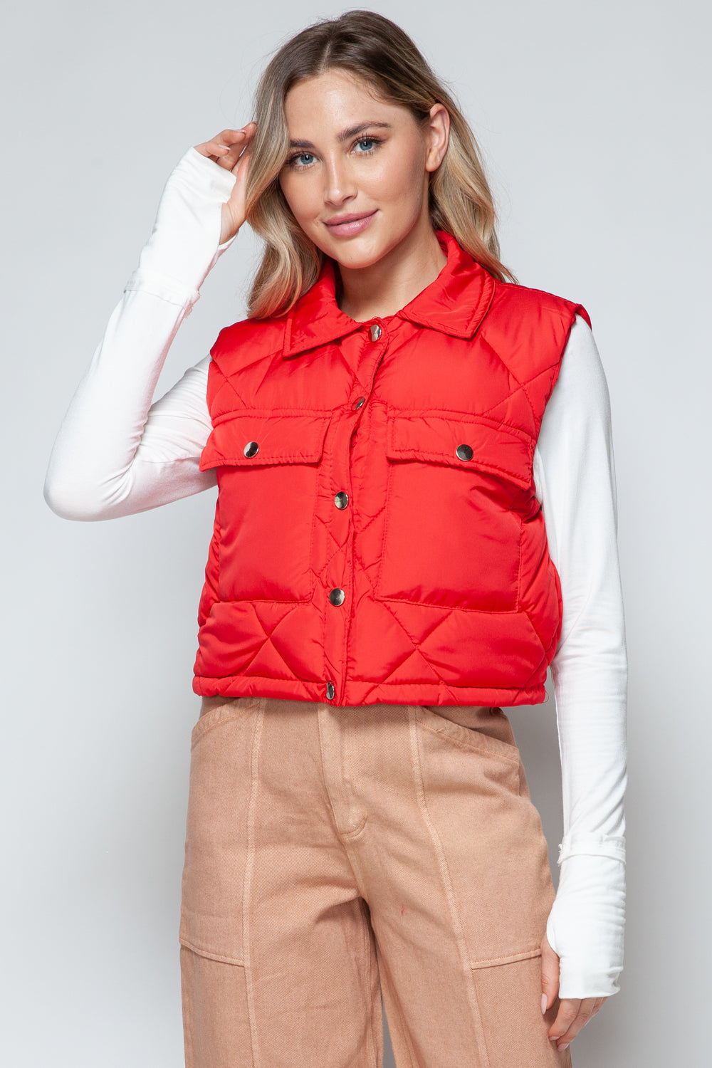Snobbish Snap Down Quilted Crop Vest-Street 360-Red-S-Urbanheer