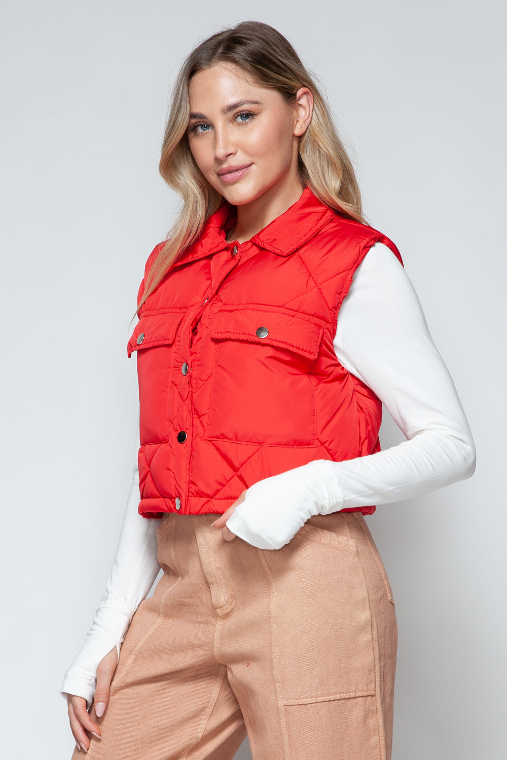 Snobbish Snap Down Quilted Crop Vest-Street 360-Red-S-Urbanheer