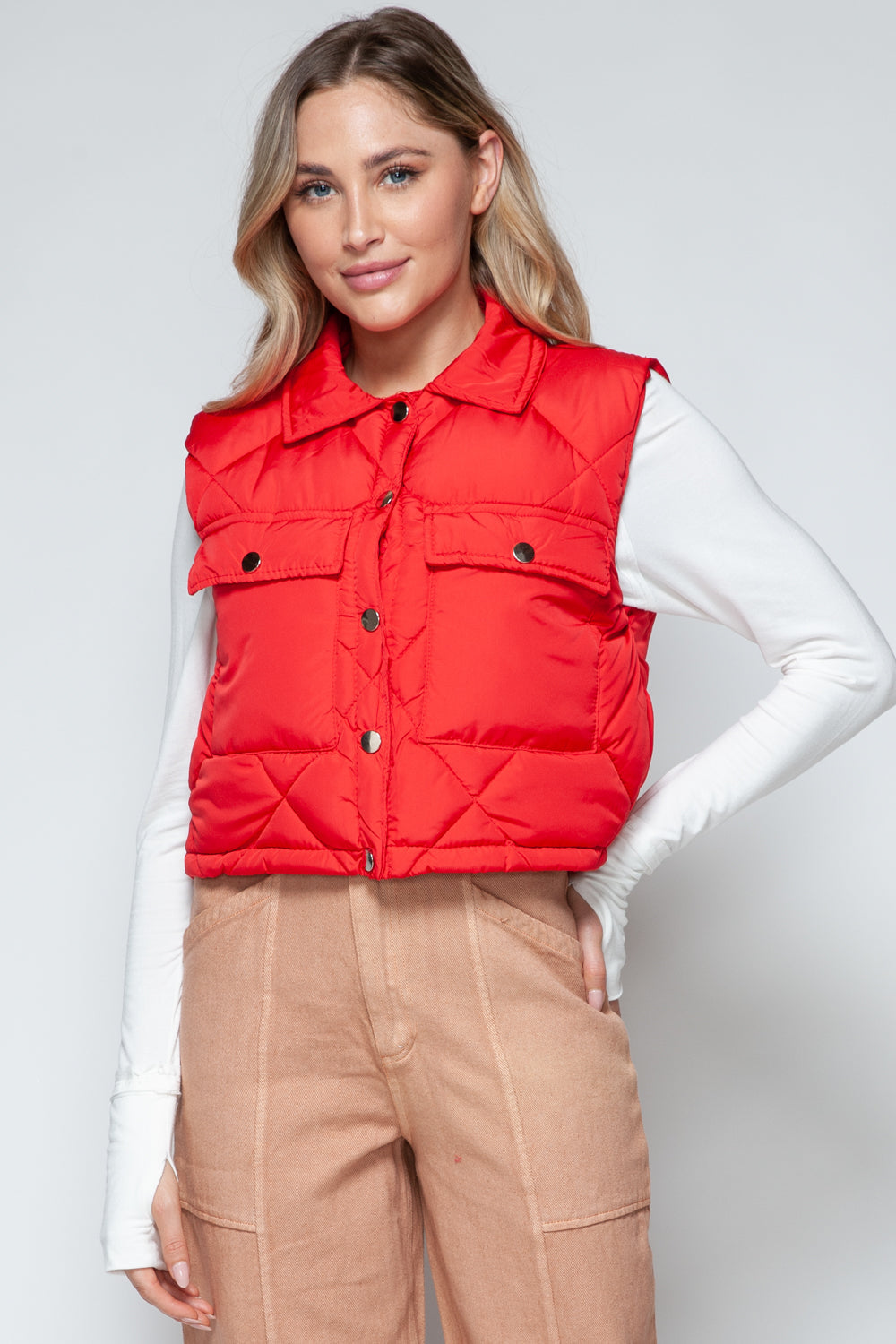 Snobbish Snap Down Quilted Crop Vest-Street 360-Red-S-Urbanheer