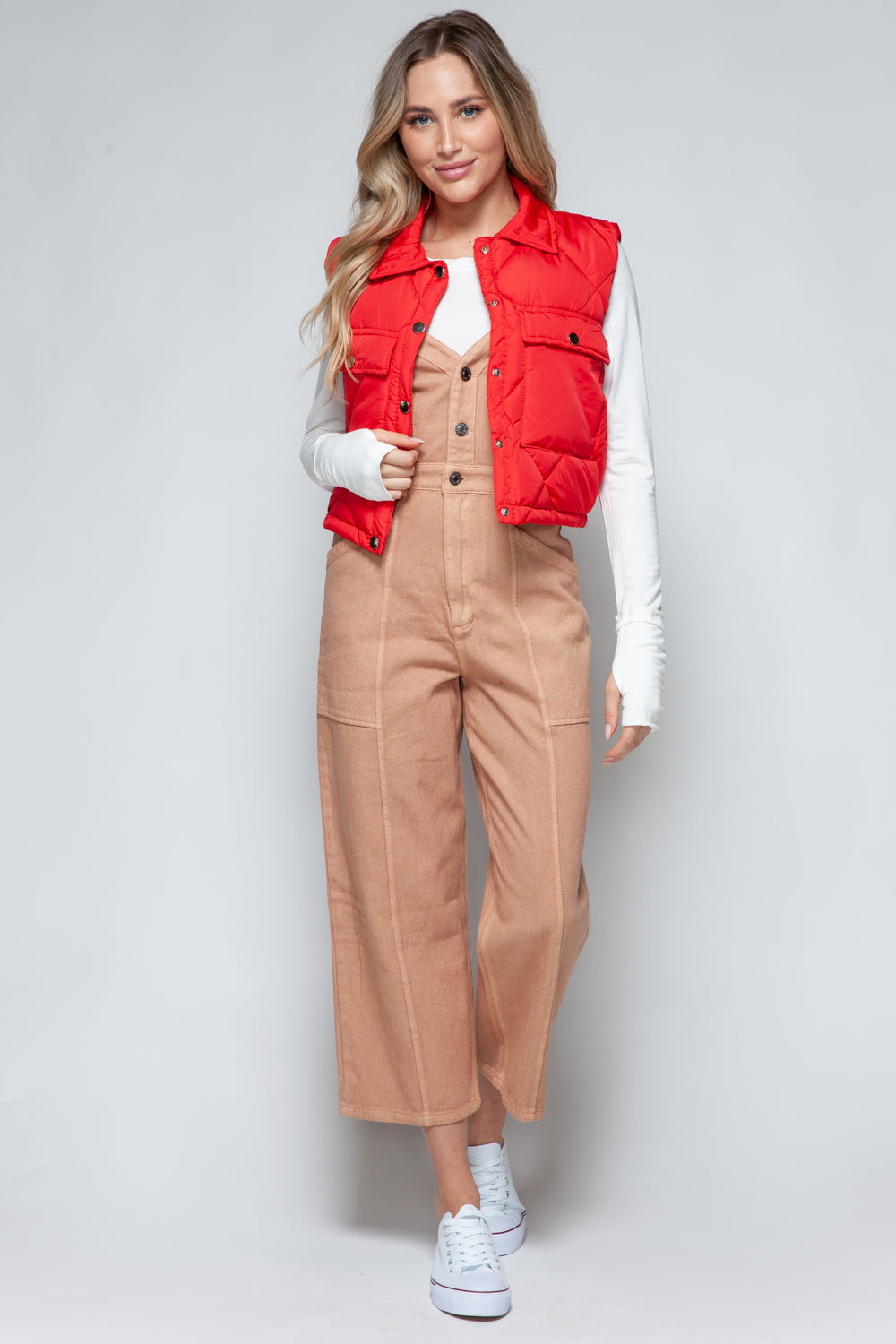 Snobbish Snap Down Quilted Crop Vest-Street 360-Red-S-Urbanheer