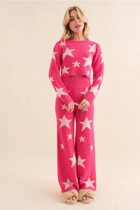 Soft Cozy Star Print Sweater with Pants HOT PINK-Set-Blue B-S-HOT PINK-Urbanheer