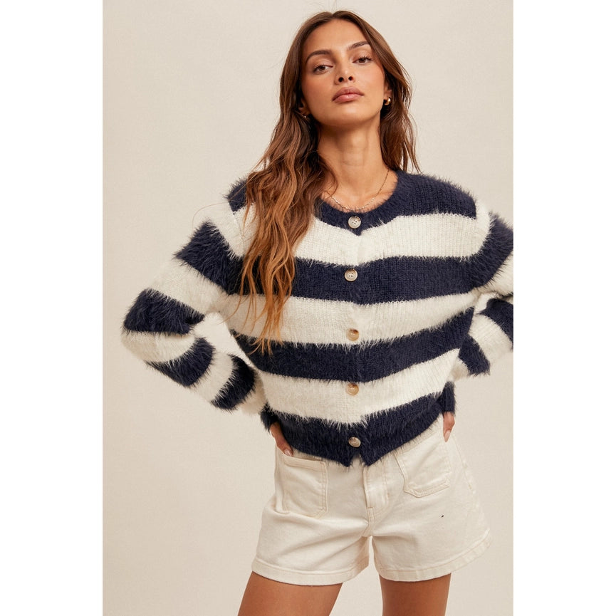 Soft Eyelash Yarn Stripe Crop Cardigan NVY/WHT-Cardigan-Apolline-S-NVY/WHT-Urbanheer