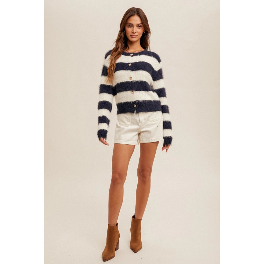 Soft Eyelash Yarn Stripe Crop Cardigan NVY/WHT-Cardigan-Apolline-S-NVY/WHT-Urbanheer