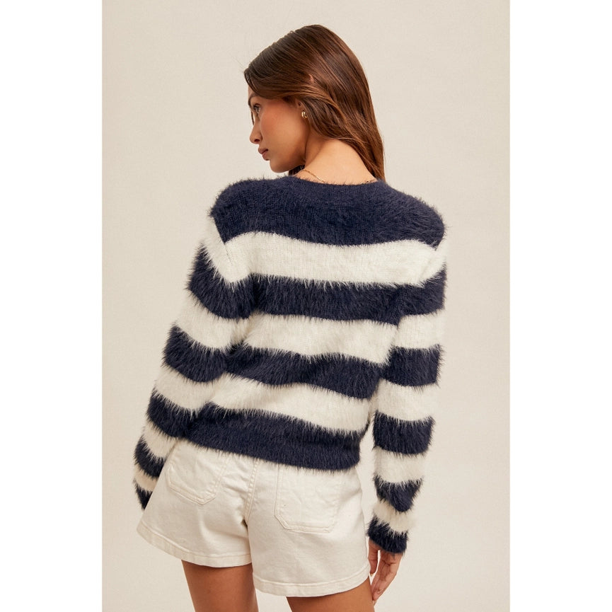 Soft Eyelash Yarn Stripe Crop Cardigan NVY/WHT-Cardigan-Apolline-S-NVY/WHT-Urbanheer
