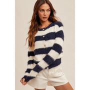 Soft Eyelash Yarn Stripe Crop Cardigan NVY/WHT-Cardigan-Apolline-S-NVY/WHT-Urbanheer