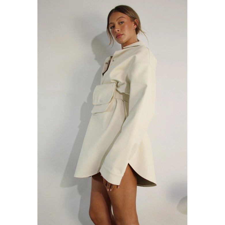 Soft Faux Leather Dress with Pocket Belt CREAM - S / CREAM Soft Faux Leather Dress with Pocket Belt CREAM - S / CREAM
