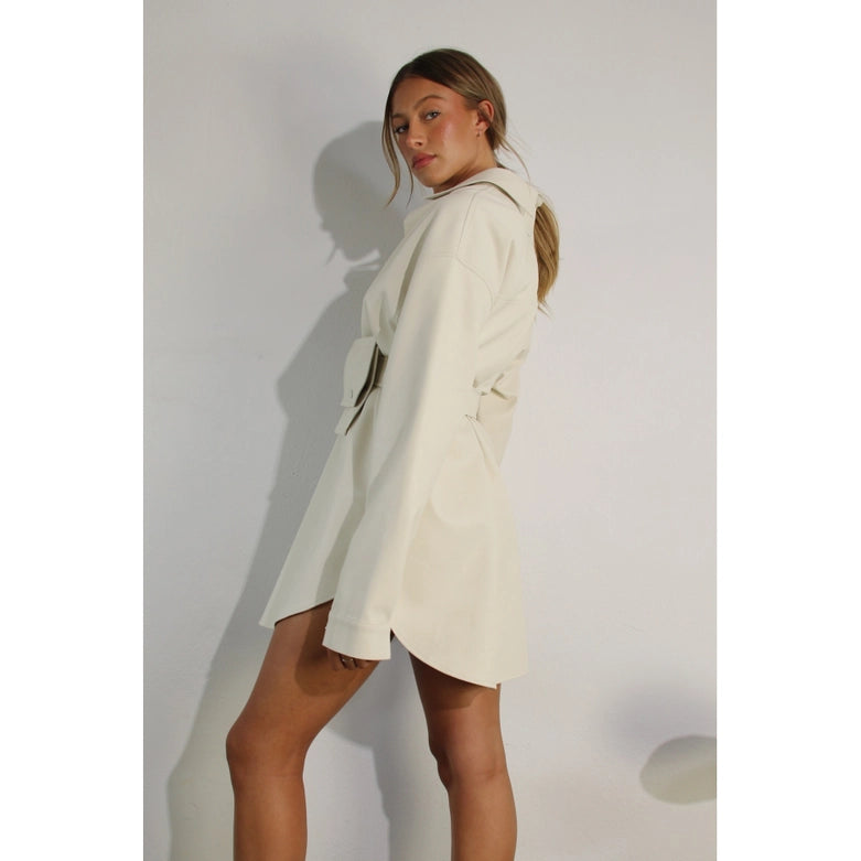 Soft Faux Leather Dress with Pocket Belt CREAM - S / CREAM Soft Faux Leather Dress with Pocket Belt CREAM - S / CREAM