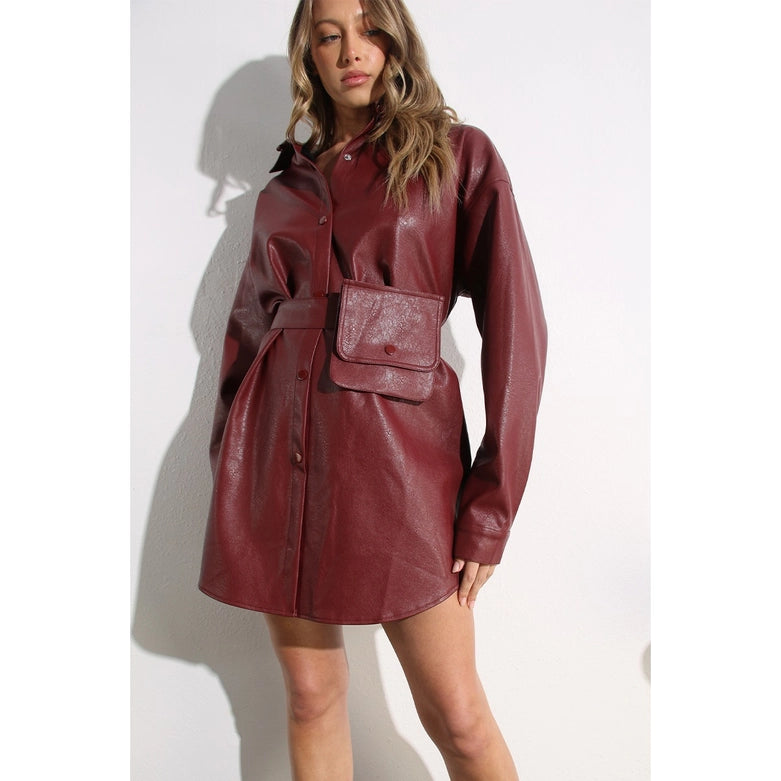Soft Faux Leather Dress with Pocket Belt WINE-Dress-Mulla-S-WINE-Urbanheer