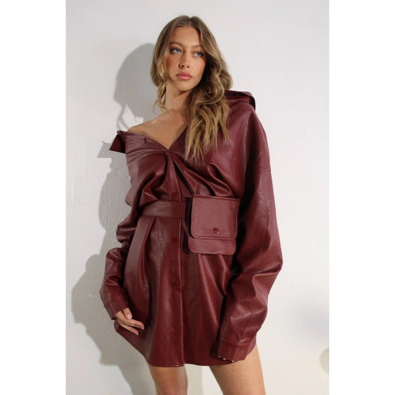 Soft Faux Leather Dress with Pocket Belt WINE from Mulla exclusive at Urbanheer Soft Faux Leather Dress with Pocket Belt WINE from Mulla exclusive at Urbanheer