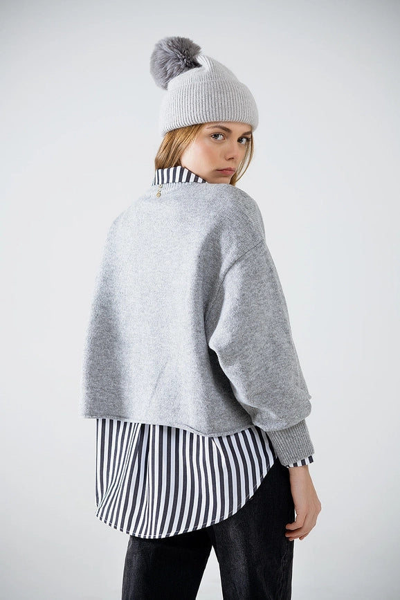 Soft Knit Grey Jumper with Balloon Sleeves-Sweater-Q2-One Size-Black-Urbanheer