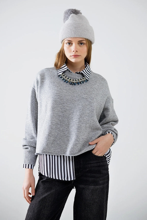 Soft Knit Grey Jumper with Balloon Sleeves-Sweater-Q2-One Size-Black-Urbanheer