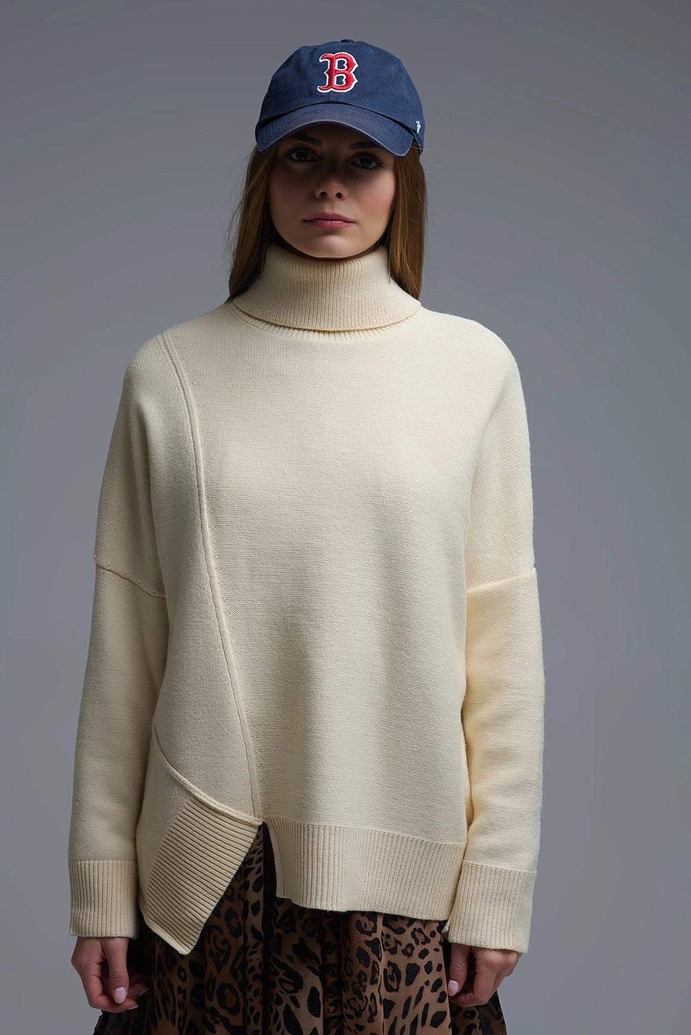 Soft Knitted Asymmetric Turtleneck Sweater in Beige
