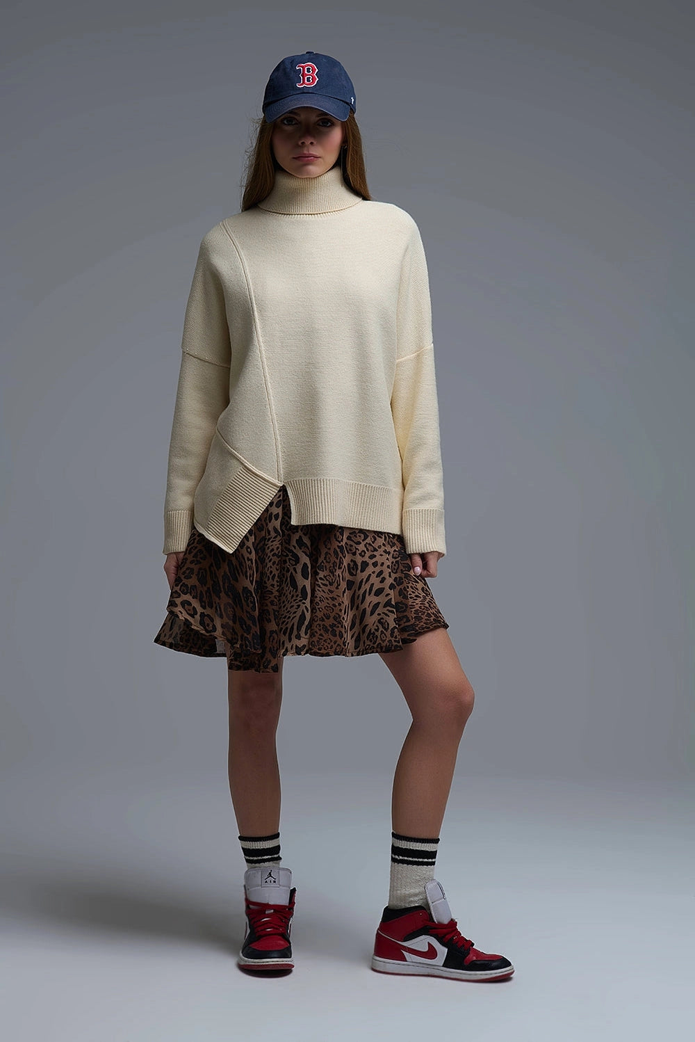 Soft Knitted Asymmetric Turtleneck Sweater in Beige