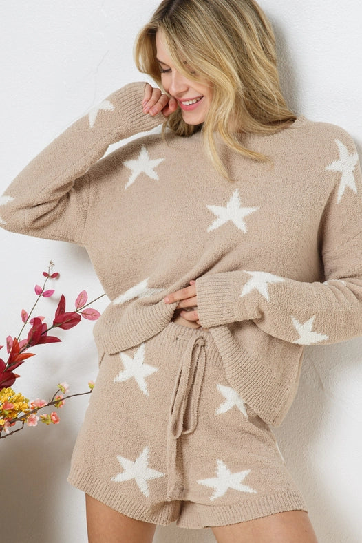 Soft Long Sleeve Star Print Top and Short Set TAUPE
