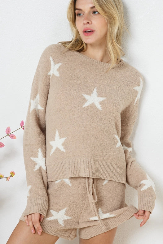 Soft Long Sleeve Star Print Top And Short Set Taupe