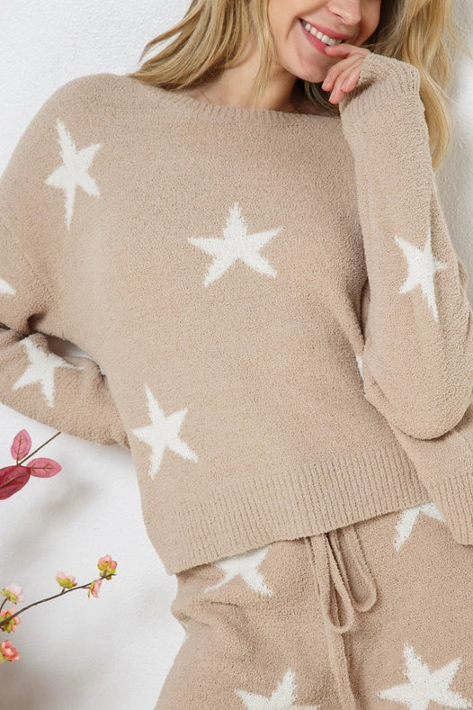 Soft Long Sleeve Star Print Top And Short Set Taupe