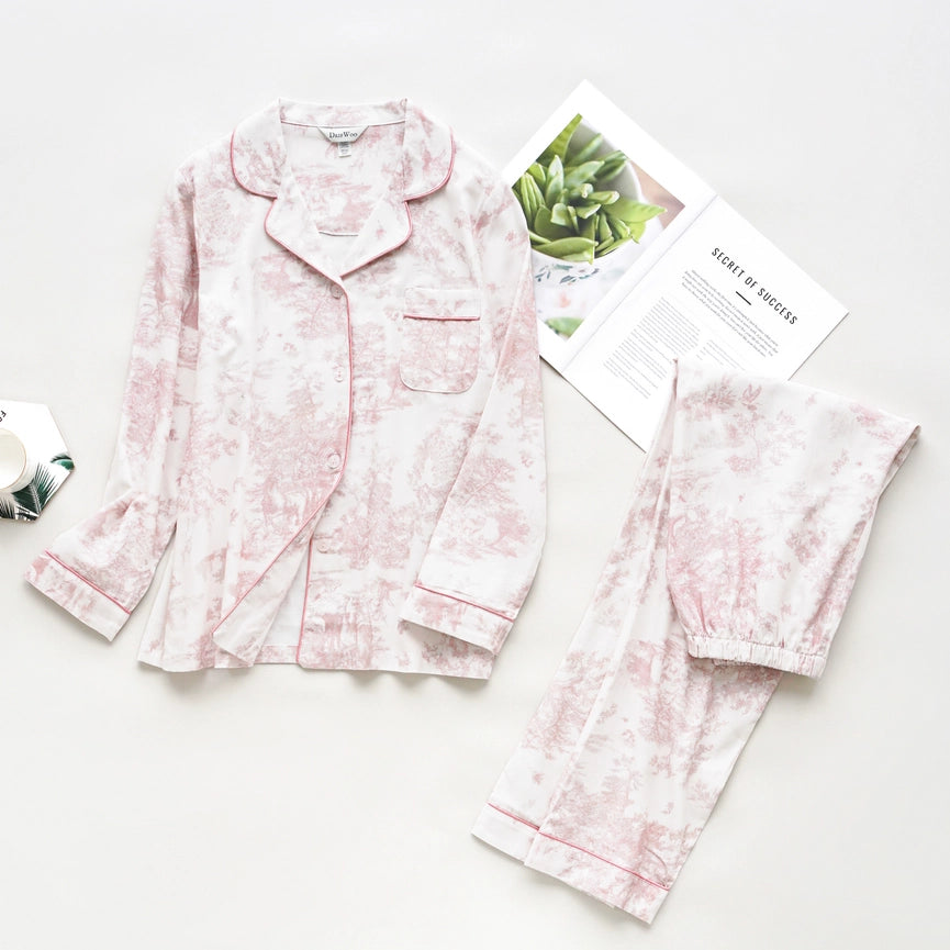 Soft Pink Toile Print Loungewear – Fall & Winter Cozy-Set-DrifWoo-S-Urbanheer