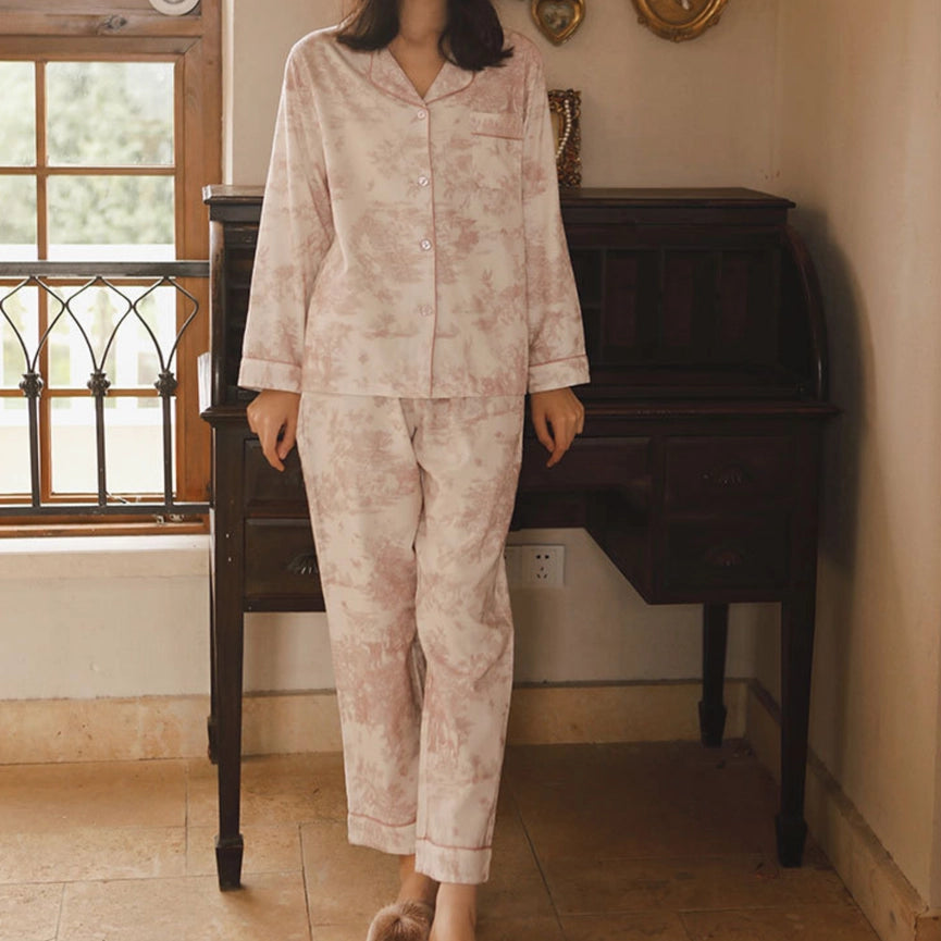 Soft Pink Toile Print Loungewear – Fall & Winter Cozy-Set-DrifWoo-S-Urbanheer