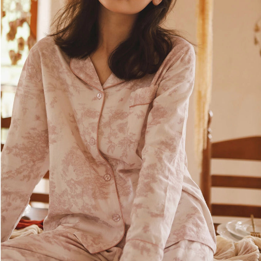Soft Pink Toile Print Loungewear – Fall & Winter Cozy-Set-DrifWoo-S-Urbanheer